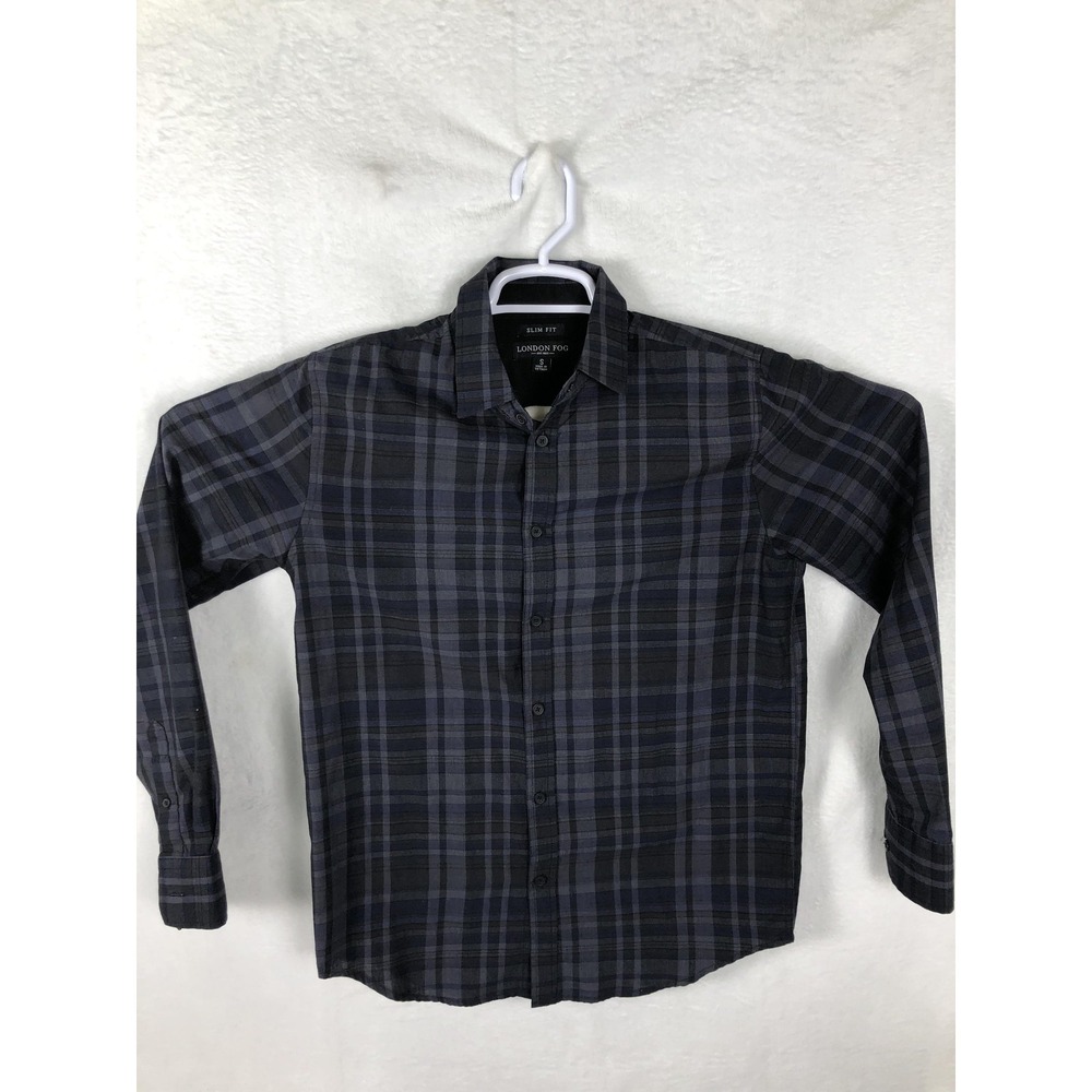 London Fog Shirt Mens Small Black Gray Plaid Slim Fit Button Down Long‎ Sleeve